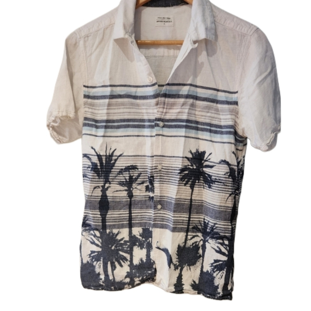 Projek Raw Med Linen Blend White And Blue Palm Button Down..